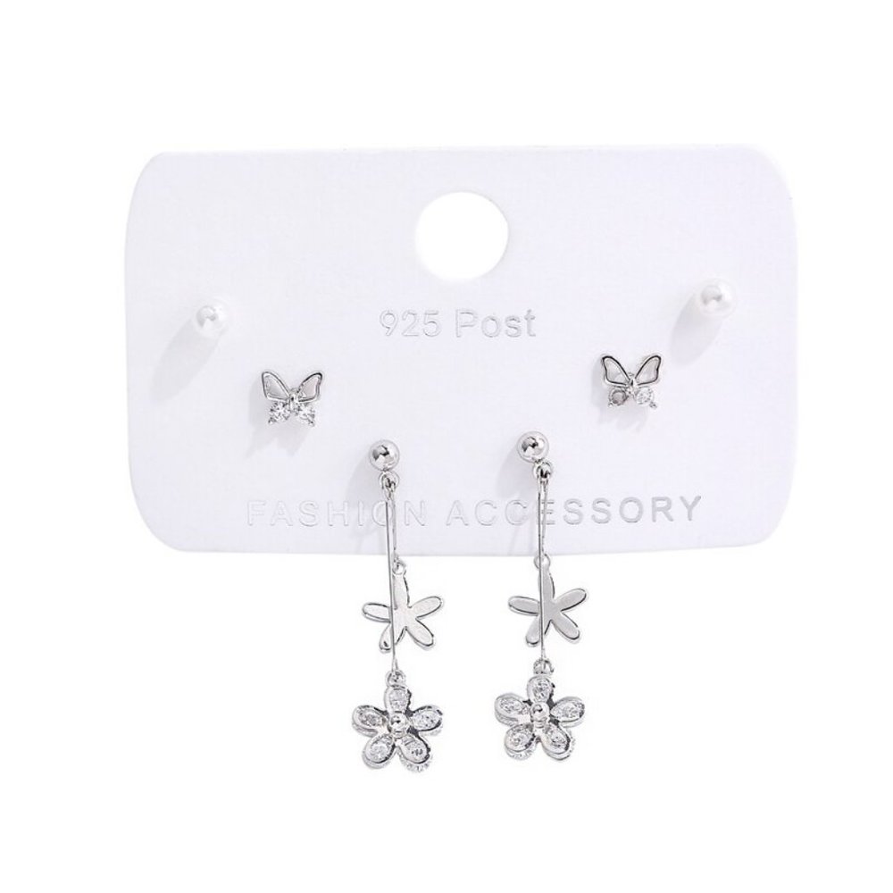 [3 Pairs] 925 Sterling Silver Flower Earrings Q - Picture 7 of 7